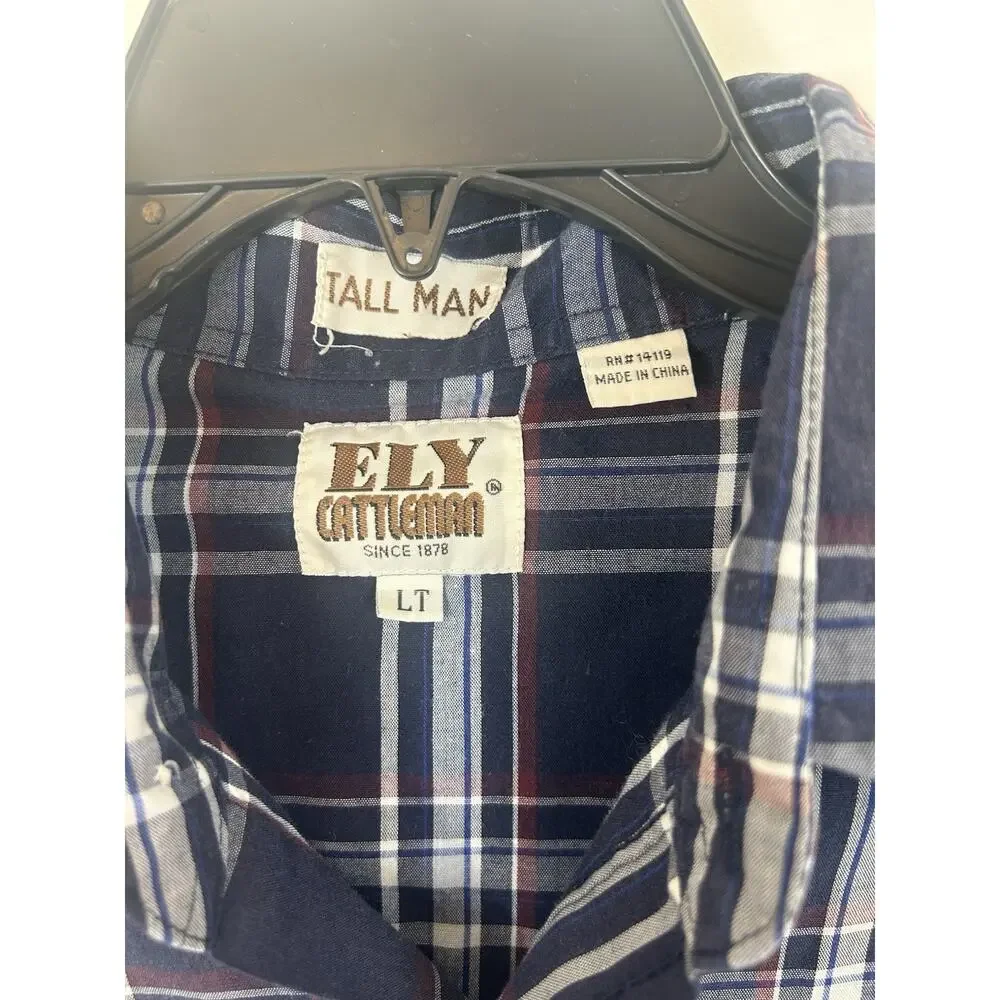 Thrashed Ely Cattleman western Pearl snap long sl blue/white/red shirt Sz L Tall